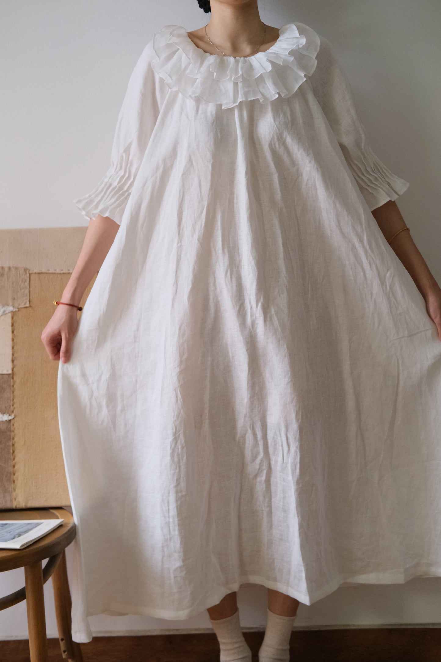 Sylvie | Handmade White Linen Dress with Double-Layer Ruffled Collar