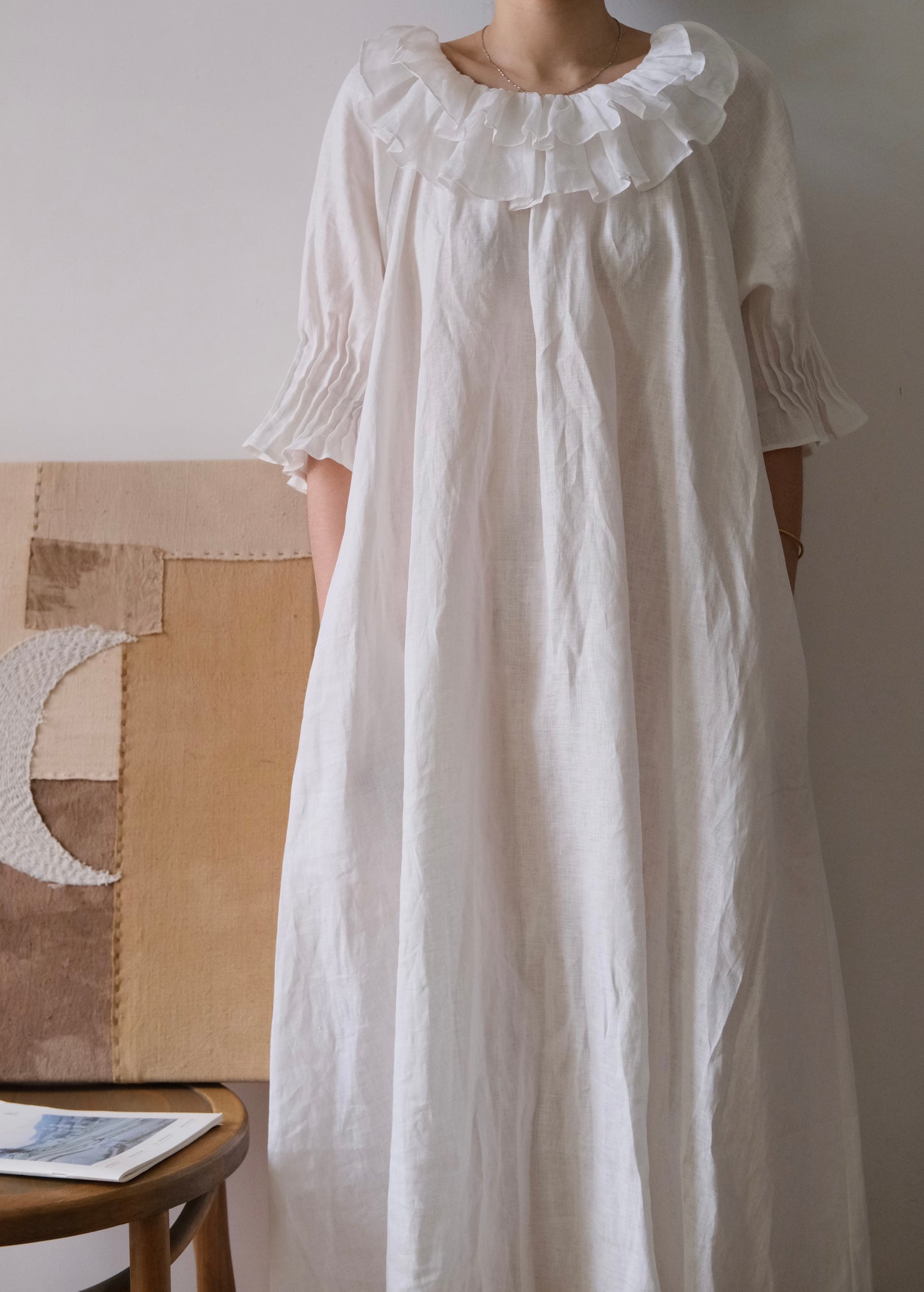 Sylvie | Handmade White Linen Dress with Double-Layer Ruffled Collar