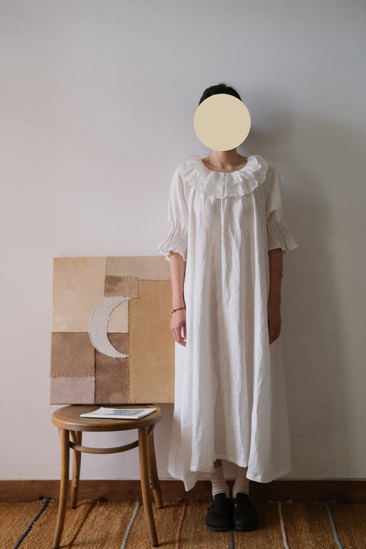 Sylvie | Handmade White Linen Dress with Double-Layer Ruffled Collar