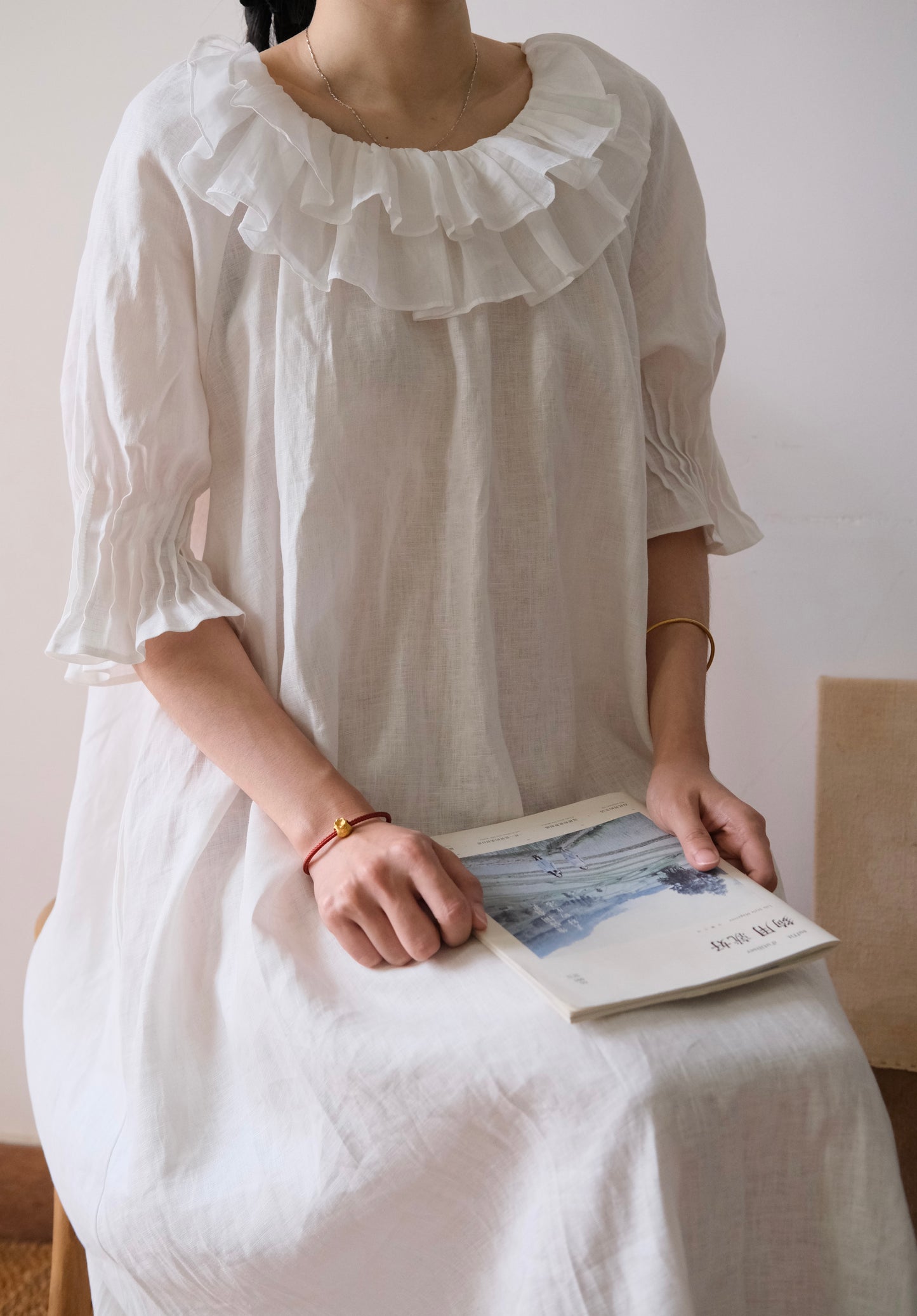 Sylvie | Handmade White Linen Dress with Double-Layer Ruffled Collar